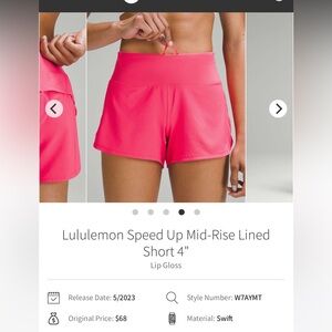Lululemon Speed Up Mid-Rise Shorts; Lip Gloss; Size 10; 4” Length. NWOT.